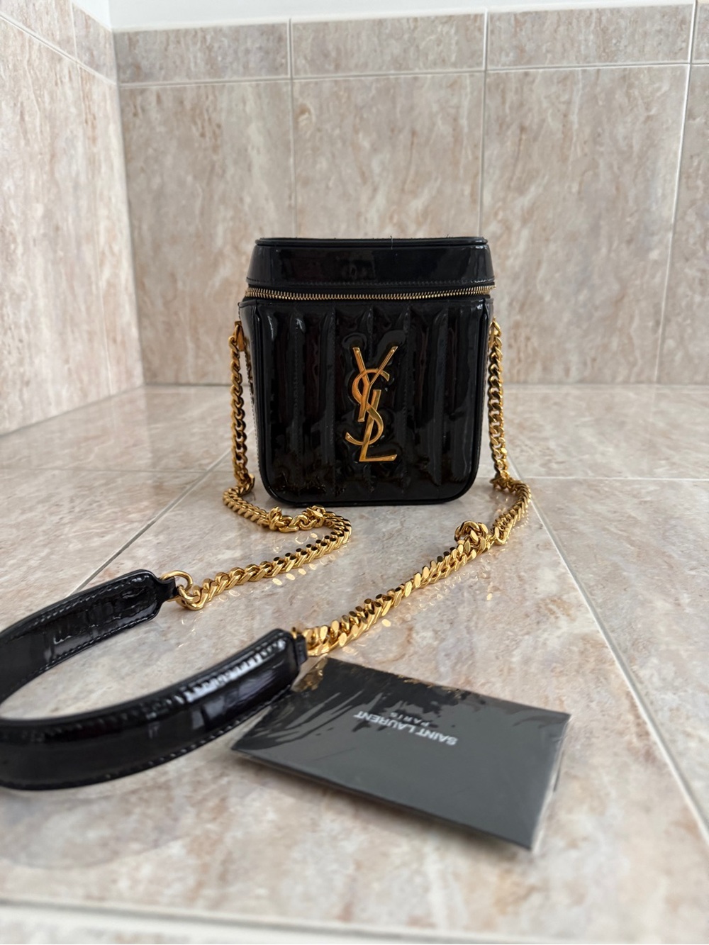 Saint Laurent Black Patent Leather Mini Vanity Crossbody with Gold YSL